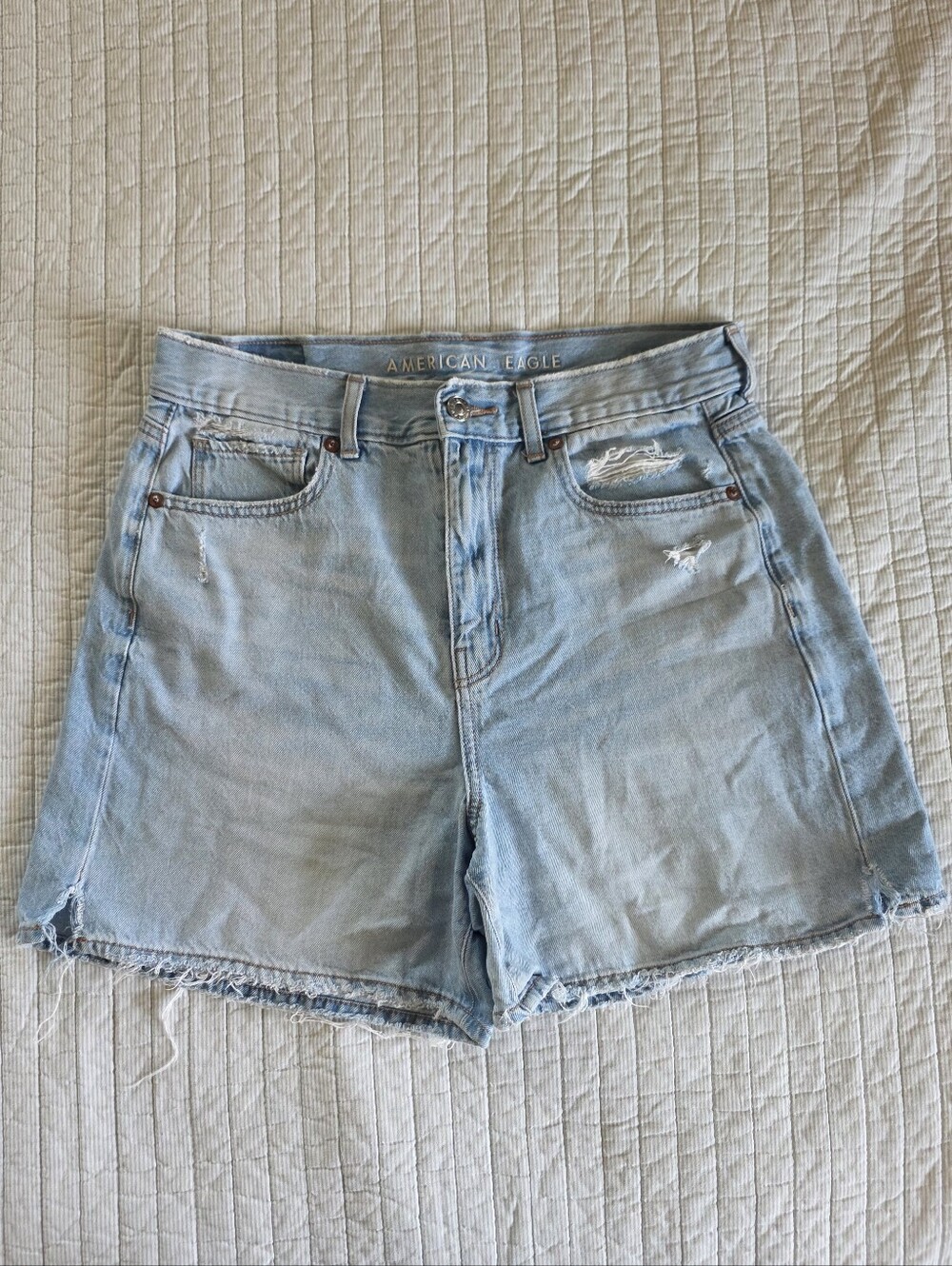 American Eagle Outfitters Light Blue Denim High Rise Distressed Mom Shorts